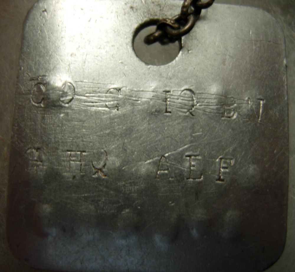 WW1 Dog Tag Set and Officer ID Bracelet - Linly Waverill Co C HQ Bn GHQ AEF