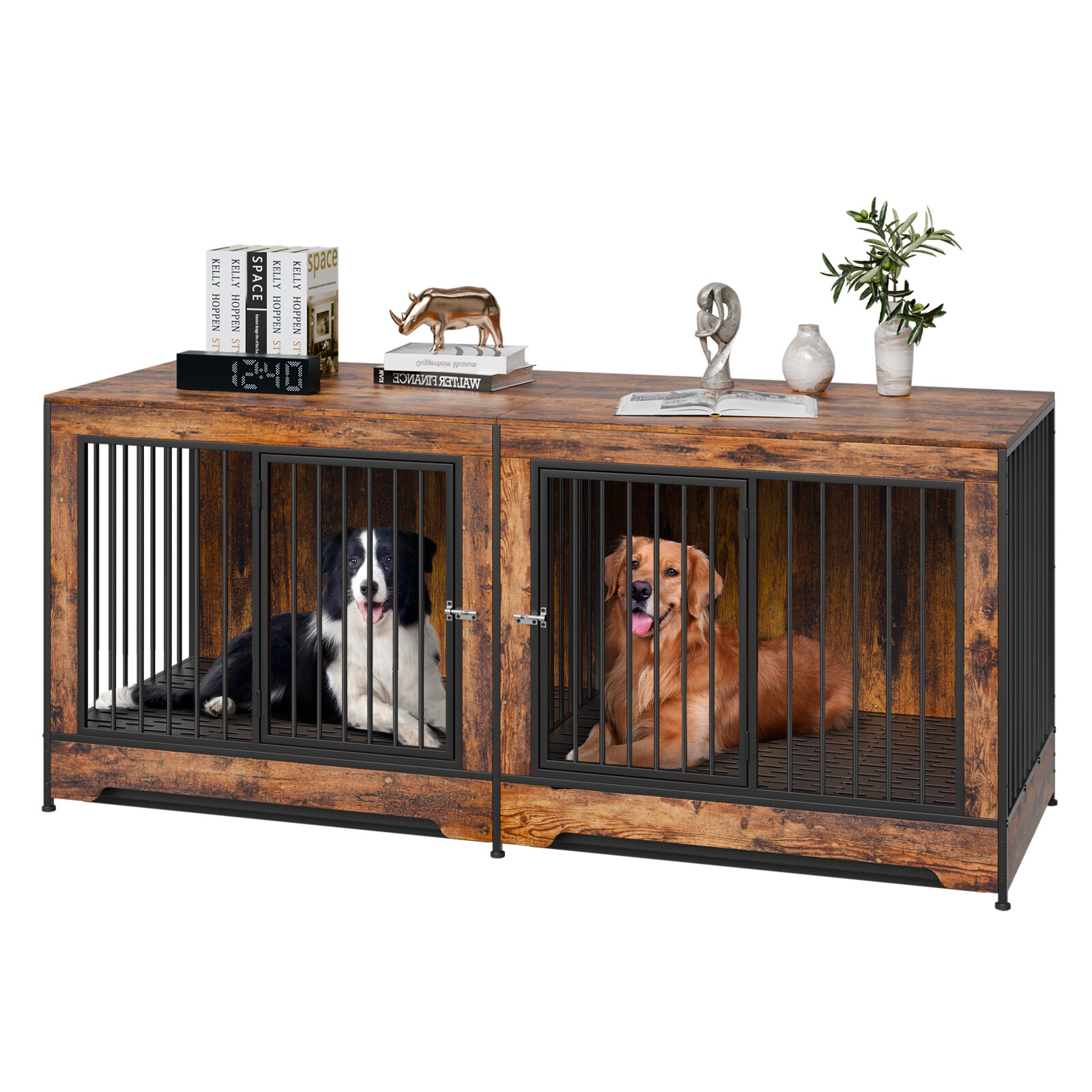 Dog Crate Furniture 75 in Indoor Wooden Dog Kennel with Divider and Tray