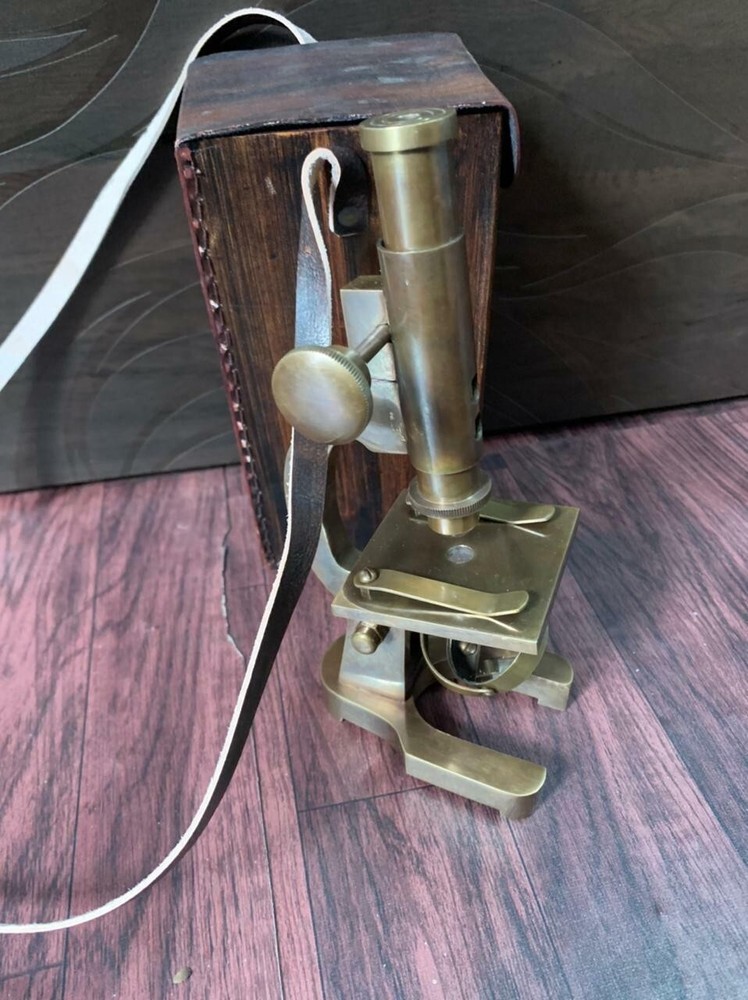 Antique Brass Microscope Student Microscope 7" Monocular Type With Leather Cover