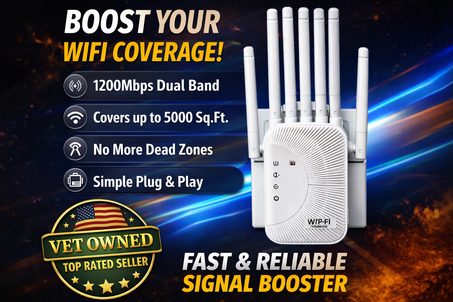 1200Mbps WiFi Extender – Dual Band 2.4G/5G Signal Booster w/ Ethernet