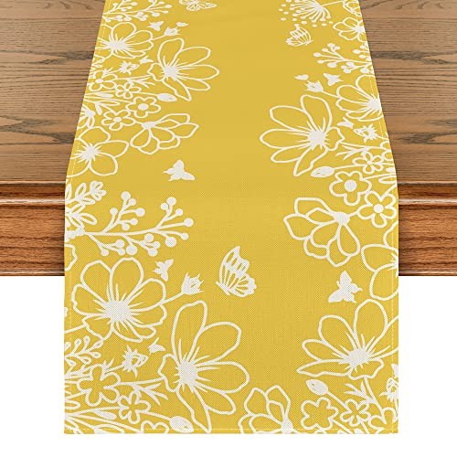 Bloom Flowers Butterfly Spring Table Runner, 13" x 72", Table Runner Yellow