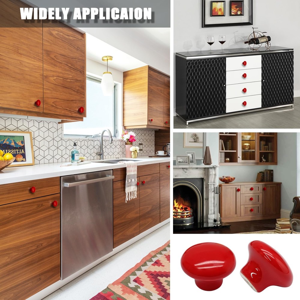 Biaungdo 10 Pack Red Ceramic Kitchen Cabinet Knobs Pulls, 32 mm/1.26 Inch