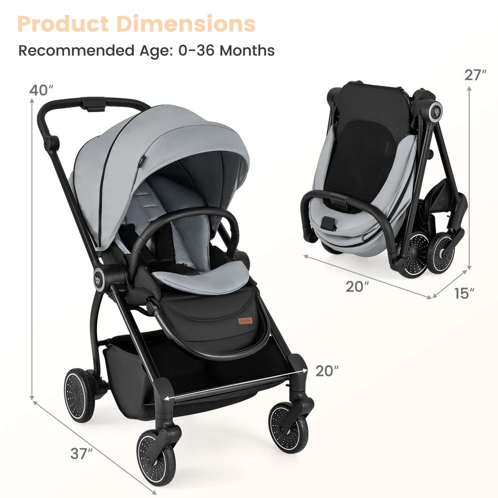 Baby Stroller Foldable Infant Pram Stroller w/ Reclining Backrest Handle
