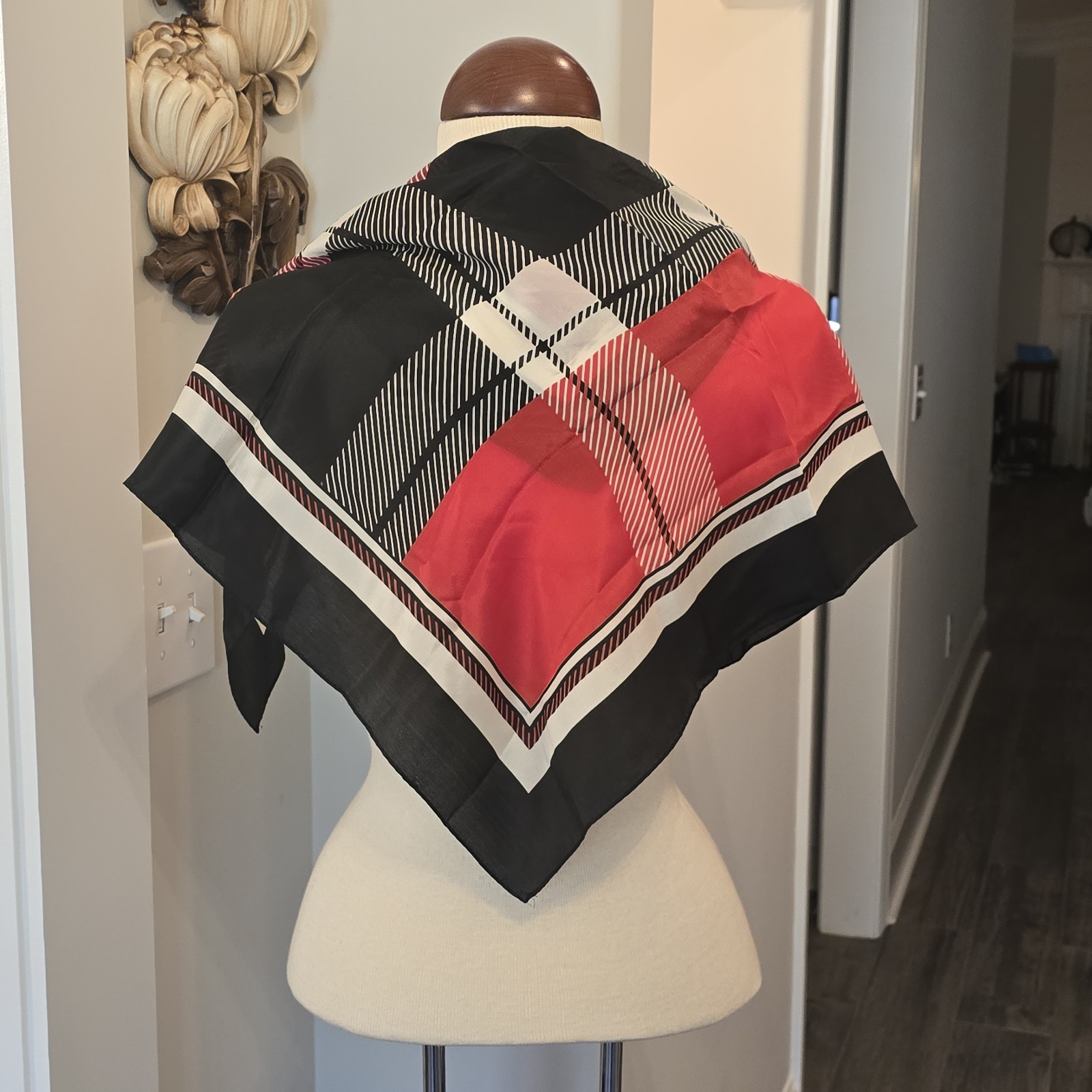 Vintage Bill Blass Scarf Silk Mod Red Black White Geometric 27x27.5 Inches