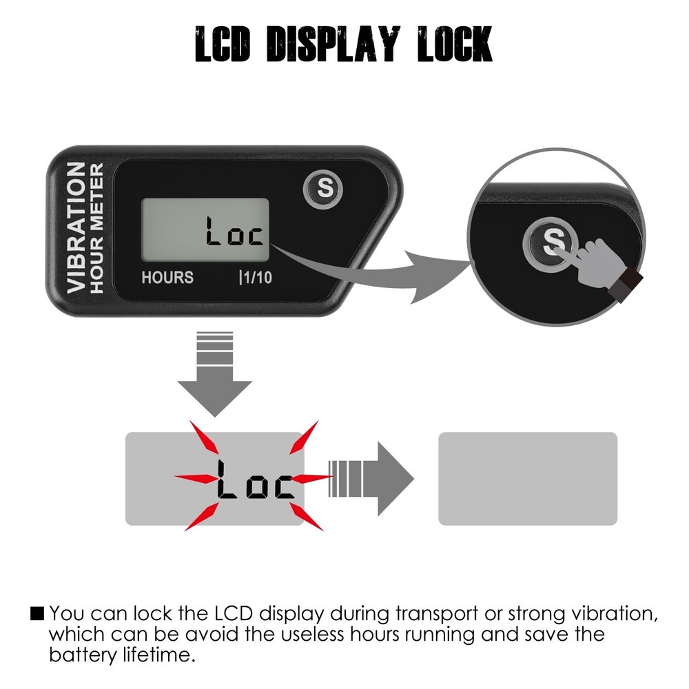 LCD Wireless Vibration Hour Meter Partial Hours Record Data Storage Waterproof