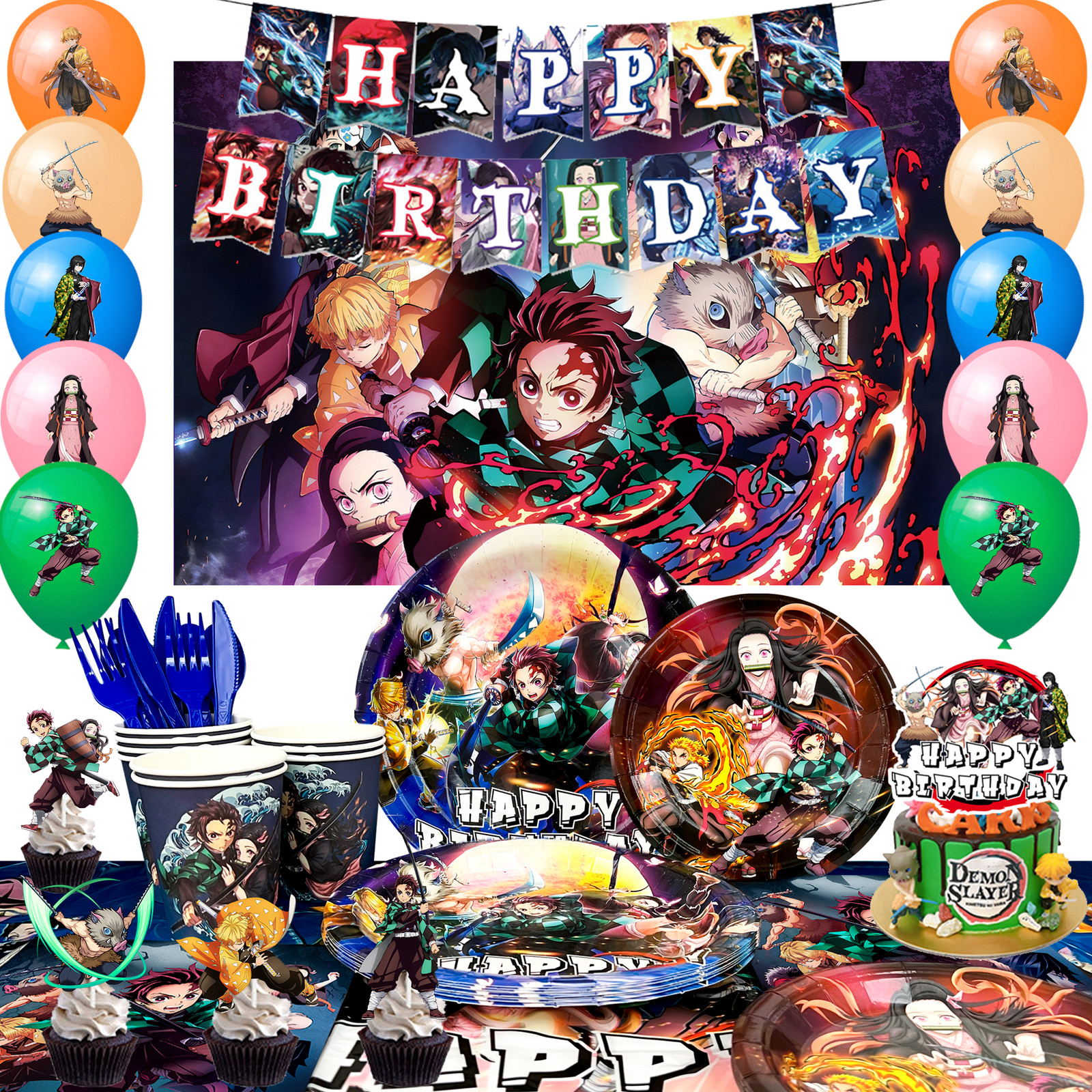 112 Pcs Anime Demon Slayer Party Decoration Demon Slayer Birthday Balloon Plates