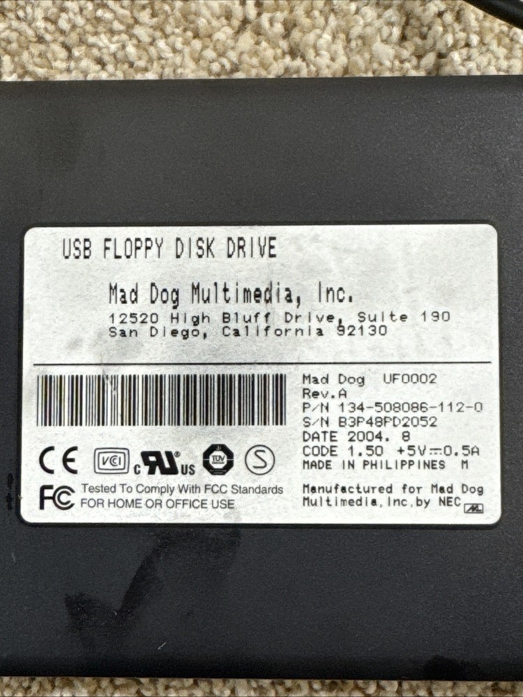 Mad Dog Multimedia USB Floppy Disk Drive Reader Black External Portable UF0002