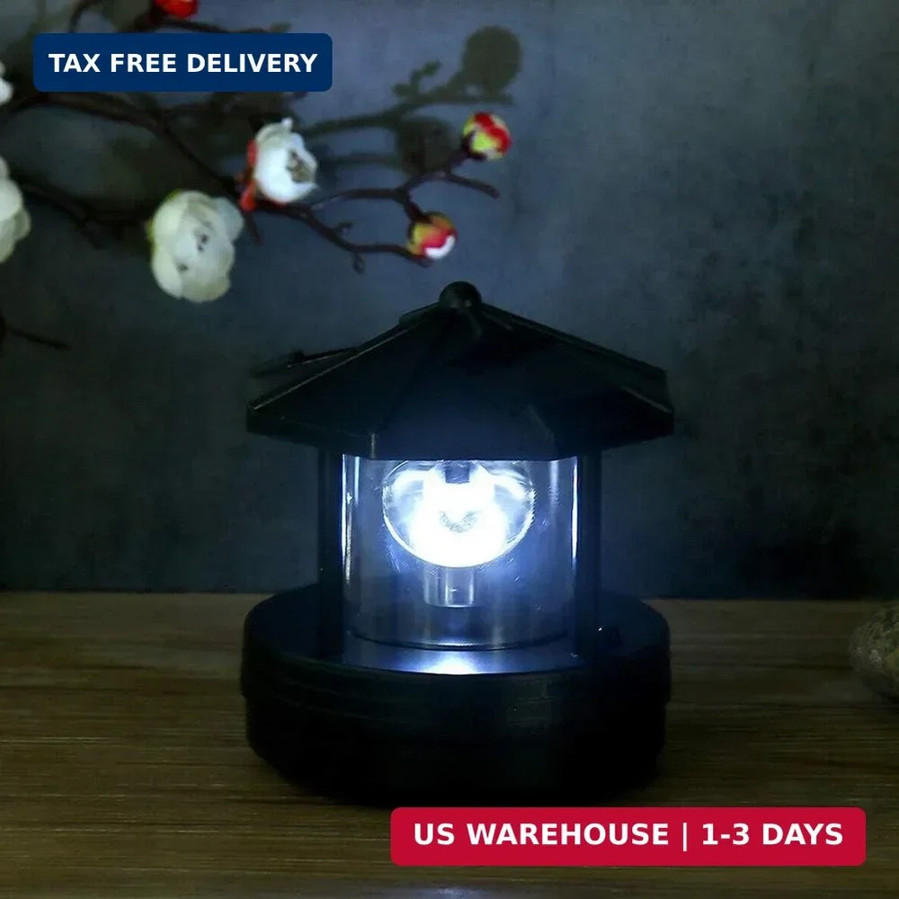 LED Solar Powered Lighthouse,360 Degree Rotating Lamp Waterproof Statue Rotating