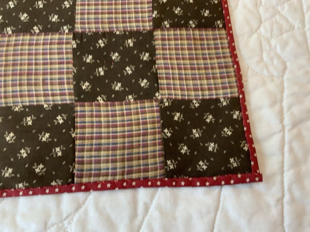 Antique Patchwork Quilt Table Topper, Nine Patch, Brown Florals, Checks