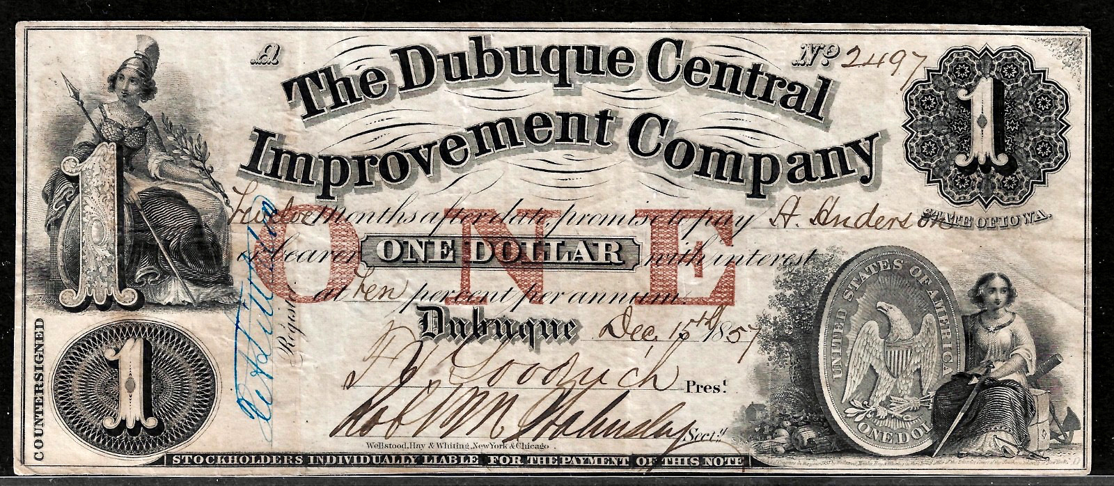 Dec 15, 1857 Iowa Dubuque Central Improvement Company $1 Obsolete Banknote Note