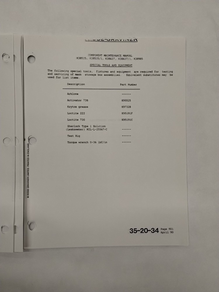 Kidde-Graviner Mask Stowage Box Assemblies Component Maintenance Manual-Original