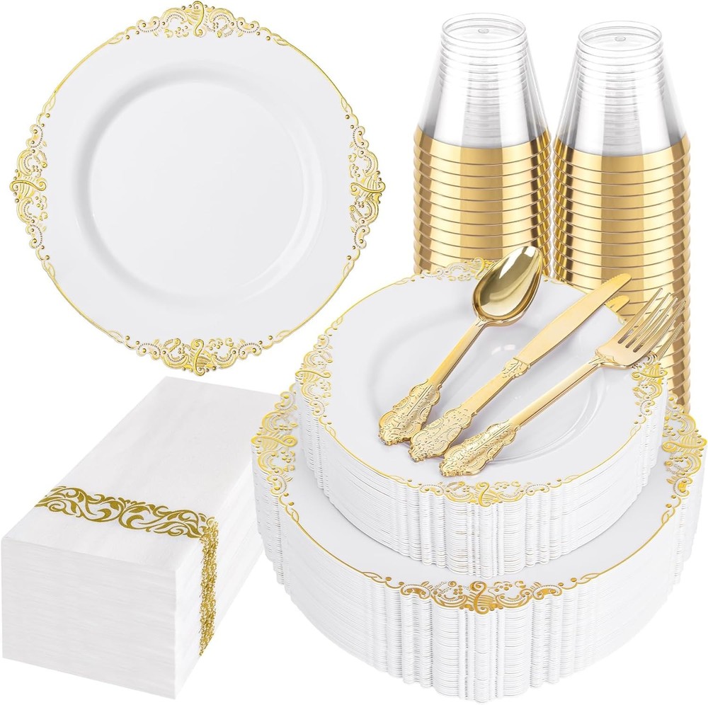 175pcs Blue & Silver Plastic Plates Elegant Disposable Dinnerware Set Suitable