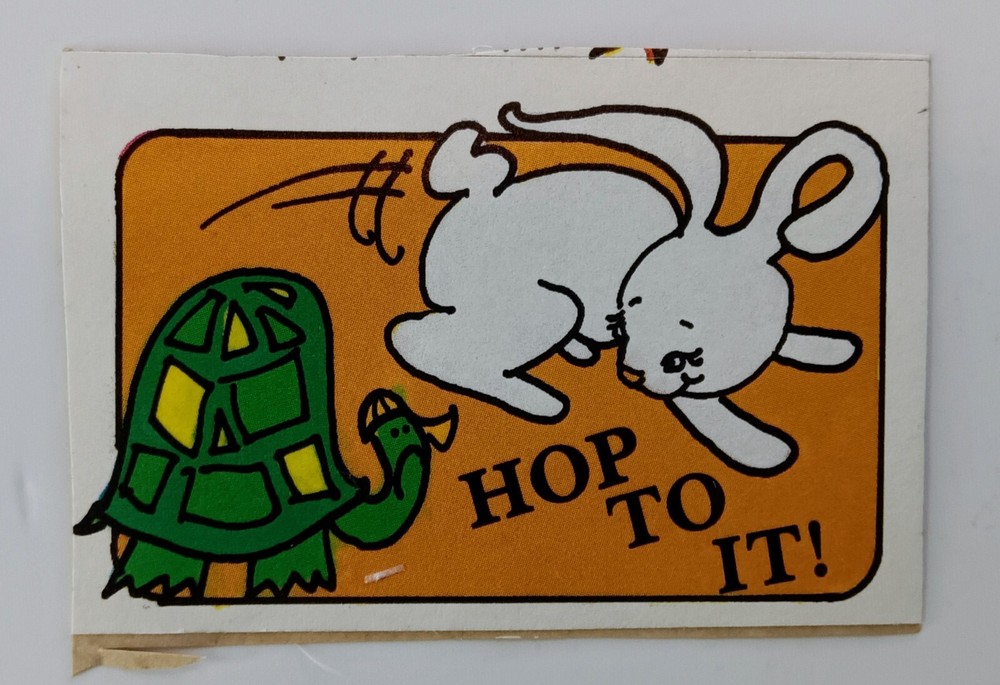 Vintage 80s "Hop To It!" Tortoise Hare Turtle Rabbit 2" Sticker