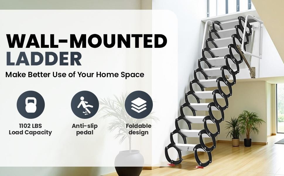 12-Step 1102LBS Al-Mg Alloy Attic Larrer 10FT Wall Mounted Pull Down System