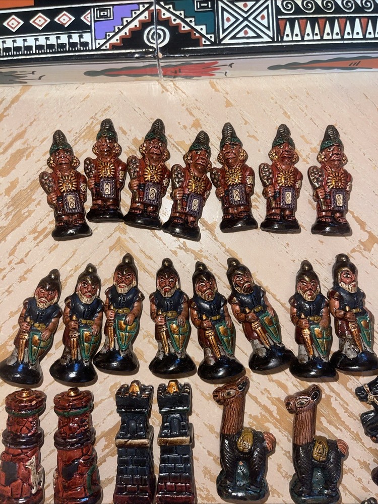 Vintage Hand-Painted Medieval Chess Set with Decorative Board One Piece Missing
