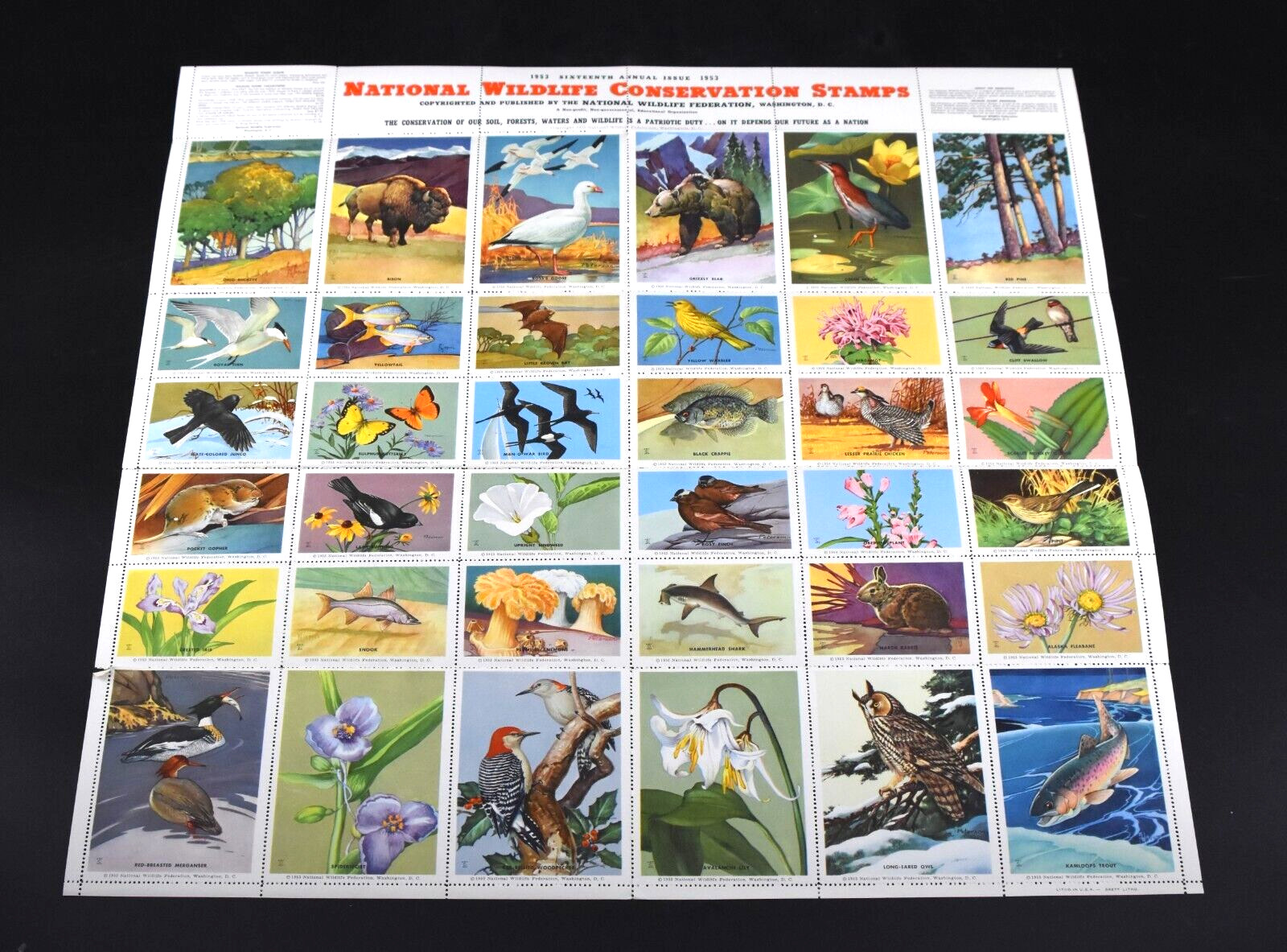 VTG 1953 National Wildlife Conservation Stamps Full Sheet Endangered Animals