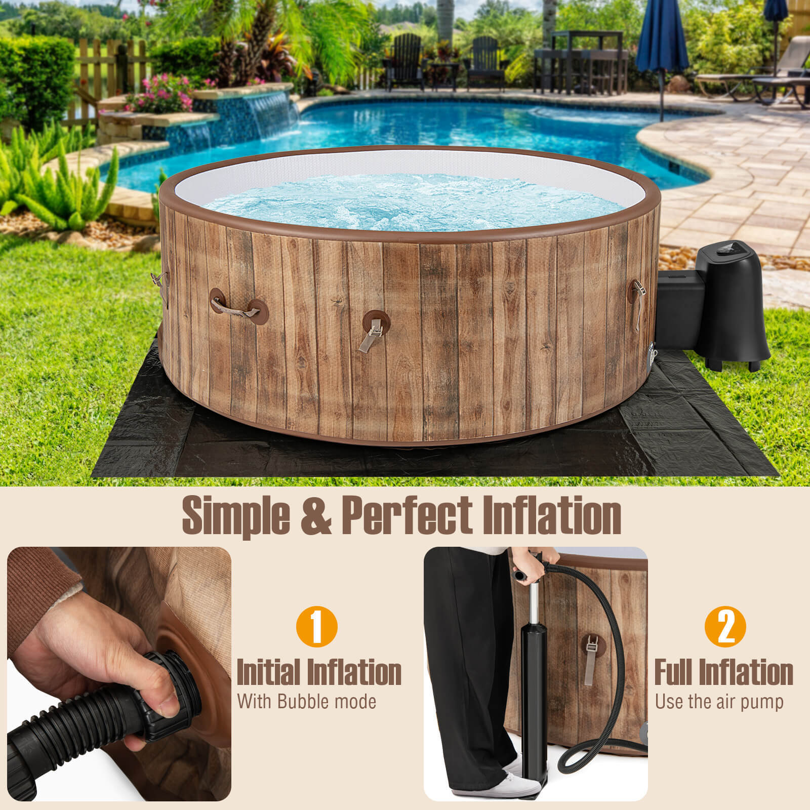 72" Inflatable Hot Tub SPA w/ 120 Air Jets Manual Air Pump Electric Heater Pump