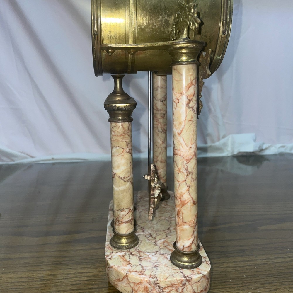 French Marble and Ormulo 5 Column Portico Clock Selsi Paris Three Piece Set