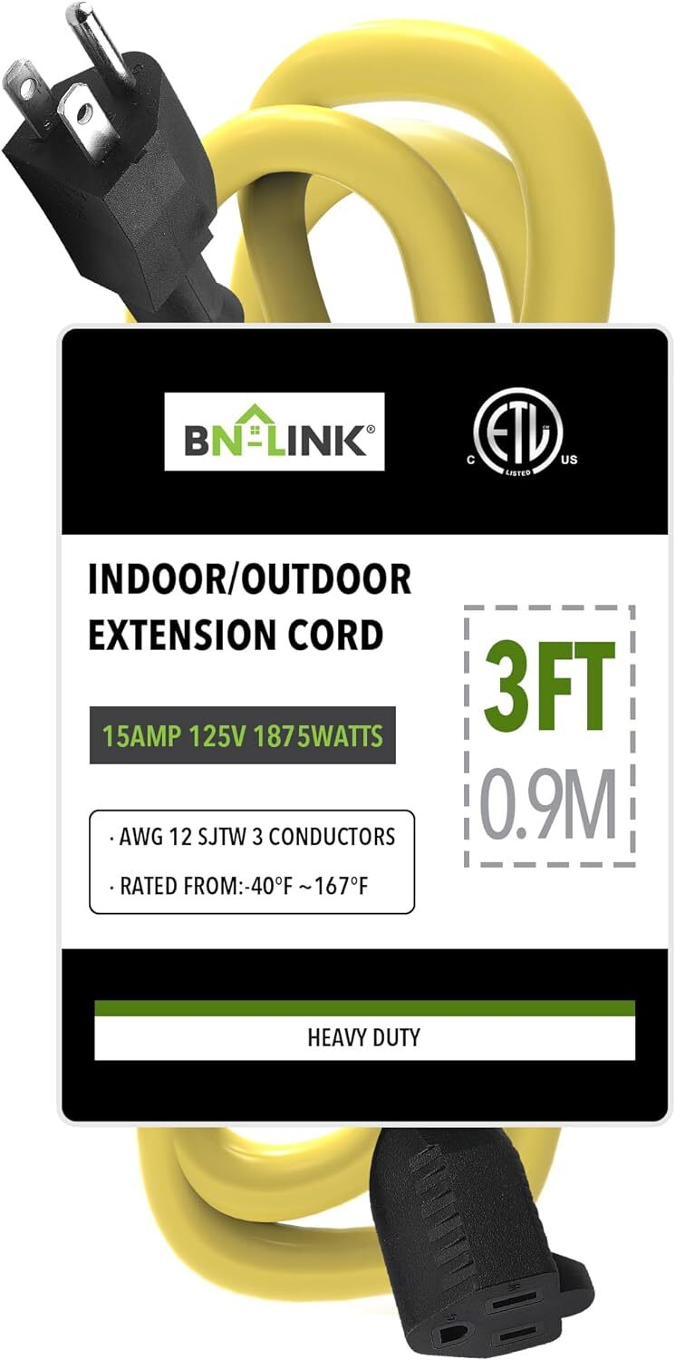BN-LINK 3/6/10/15Ft Outdoor Extension Cord 12/3SJTW Heavy Duty Weather Resistant