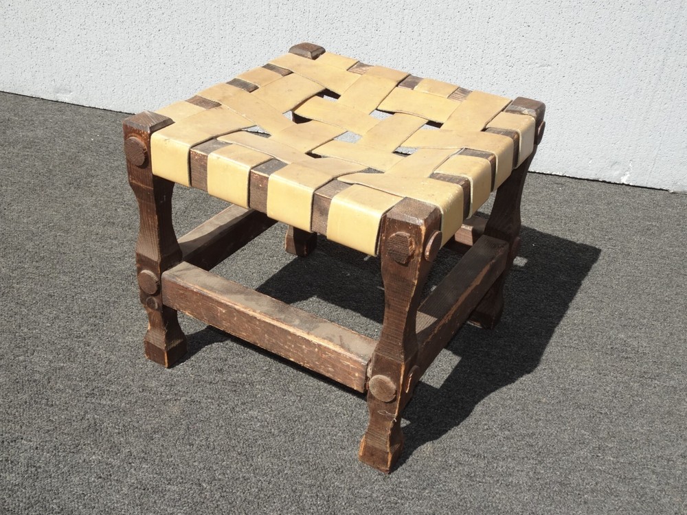 Vintage Rustic Spanish Style Stool Bench with Leather Straps