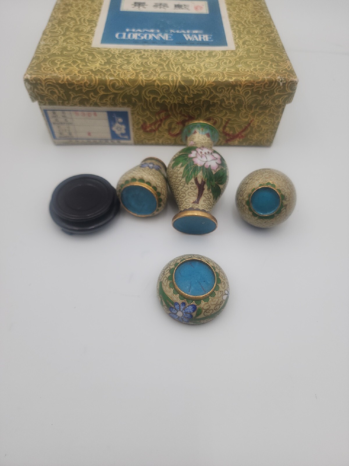 Vintage floral enamel cloisonne set- salt, pepper, vase, bowl, stand