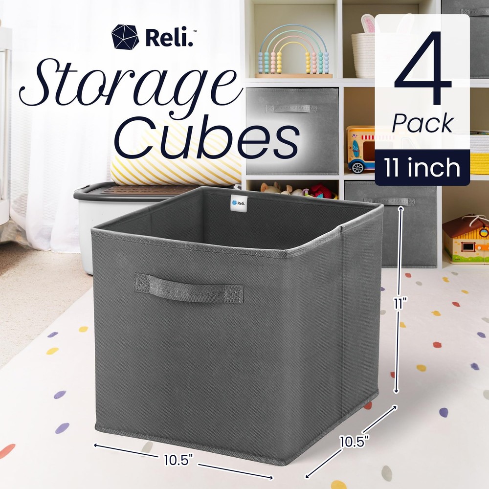 Reli. 11 Inch Cube Storage Bins (4 Pack) | Organizer | Dark Gray