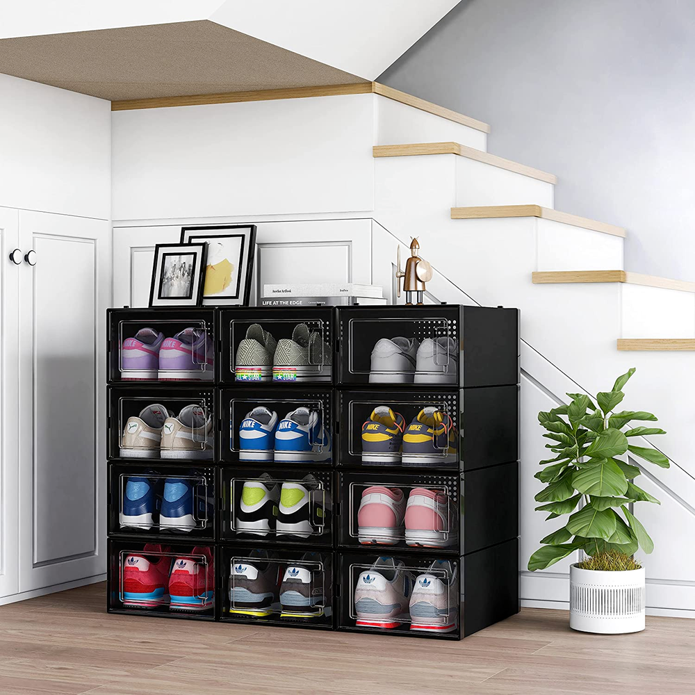 12 Pack Shoe Organizer Boxes, Black Plastic Stackable Shoe Storage Bins