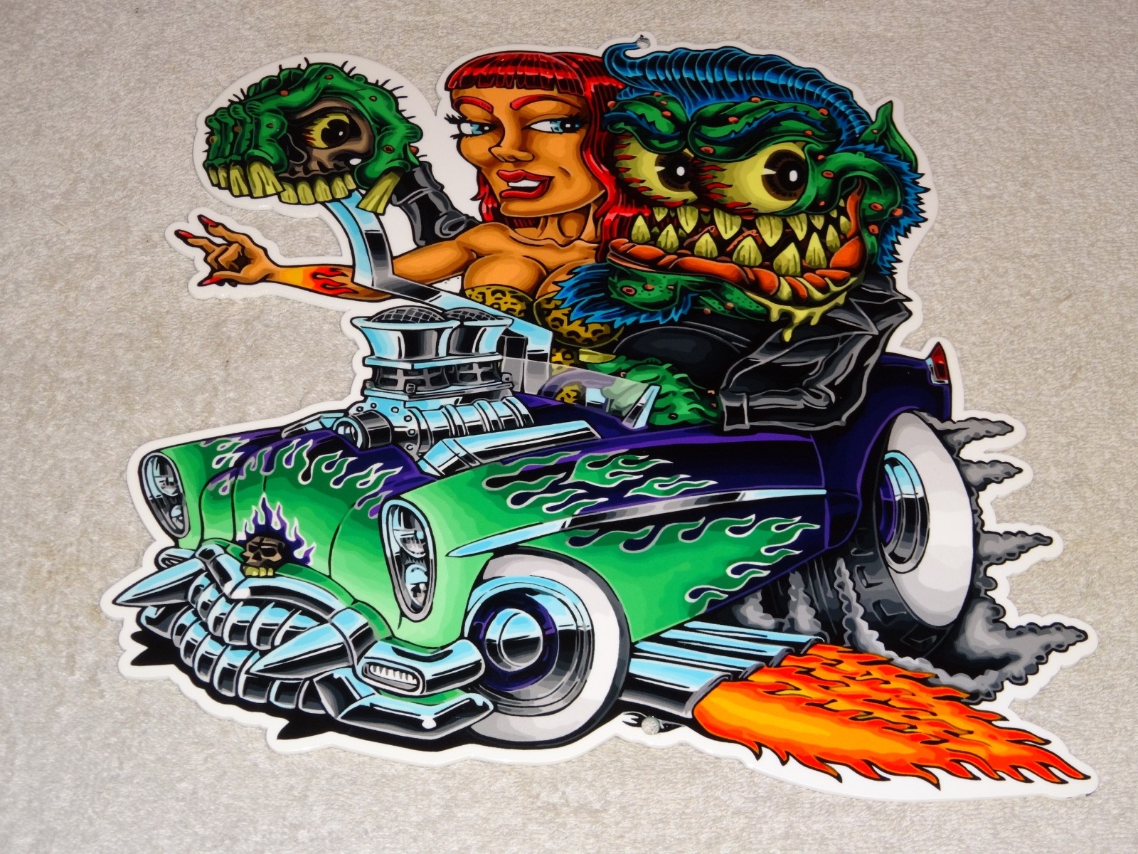VINTAGE RATFINK DRIVES CAR W/ WOMAN MONSTER 12" METAL GASOLINE OIL RAT FINK SIGN