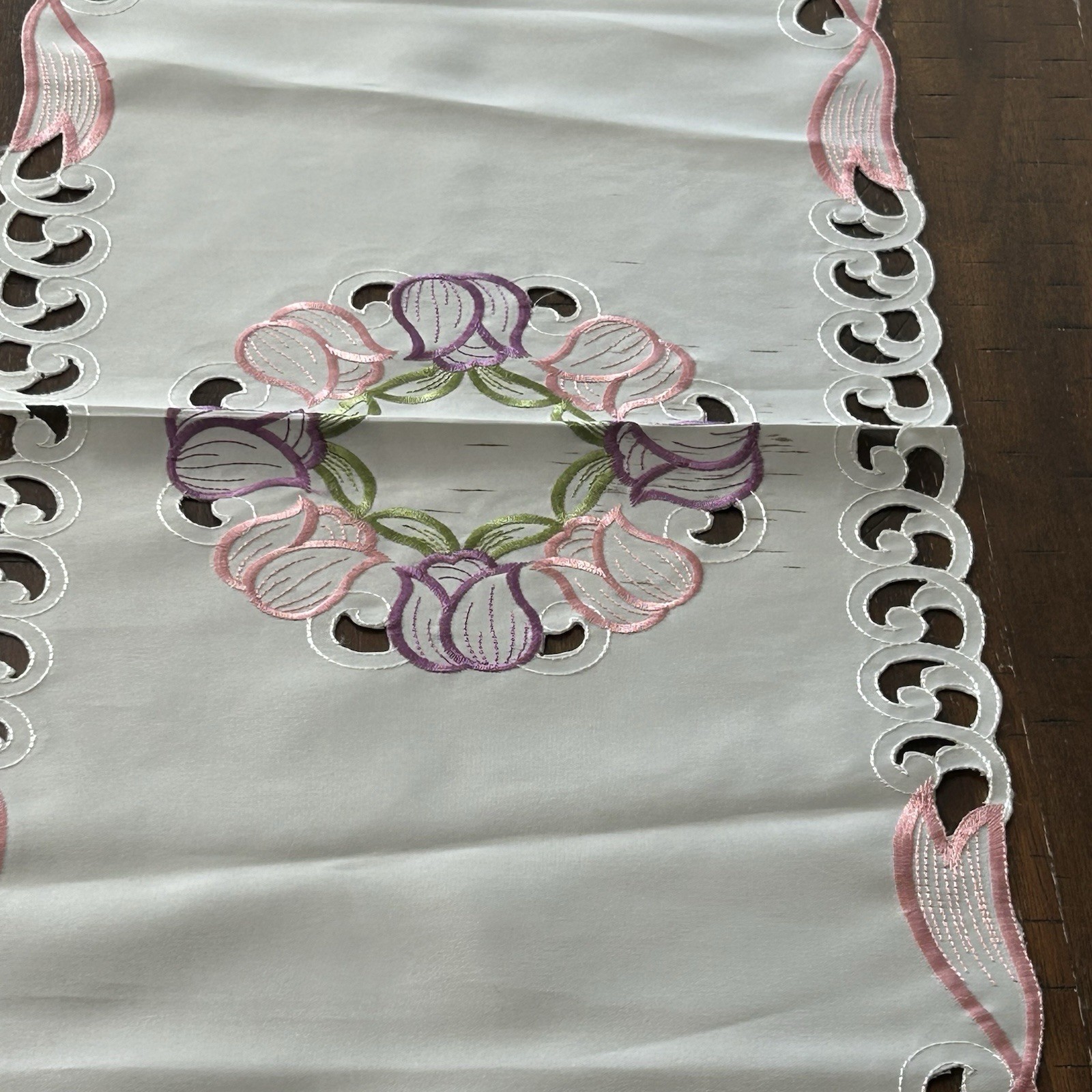 Spring Table Runner 68” Geese Embroidered Tulips Outwork Pink Bows