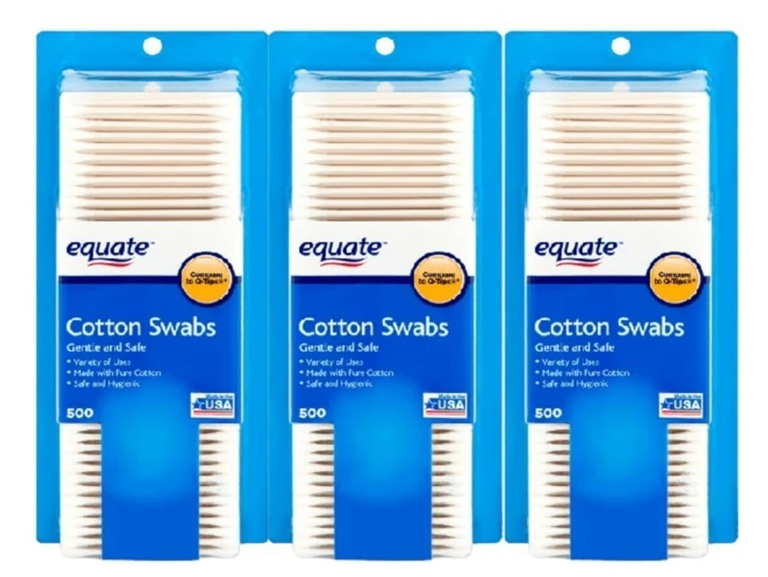 1500 Equate COTTON SWABS (500 Count x 3-Pack Lot) Gentle & Safe 100% PURE COTTON