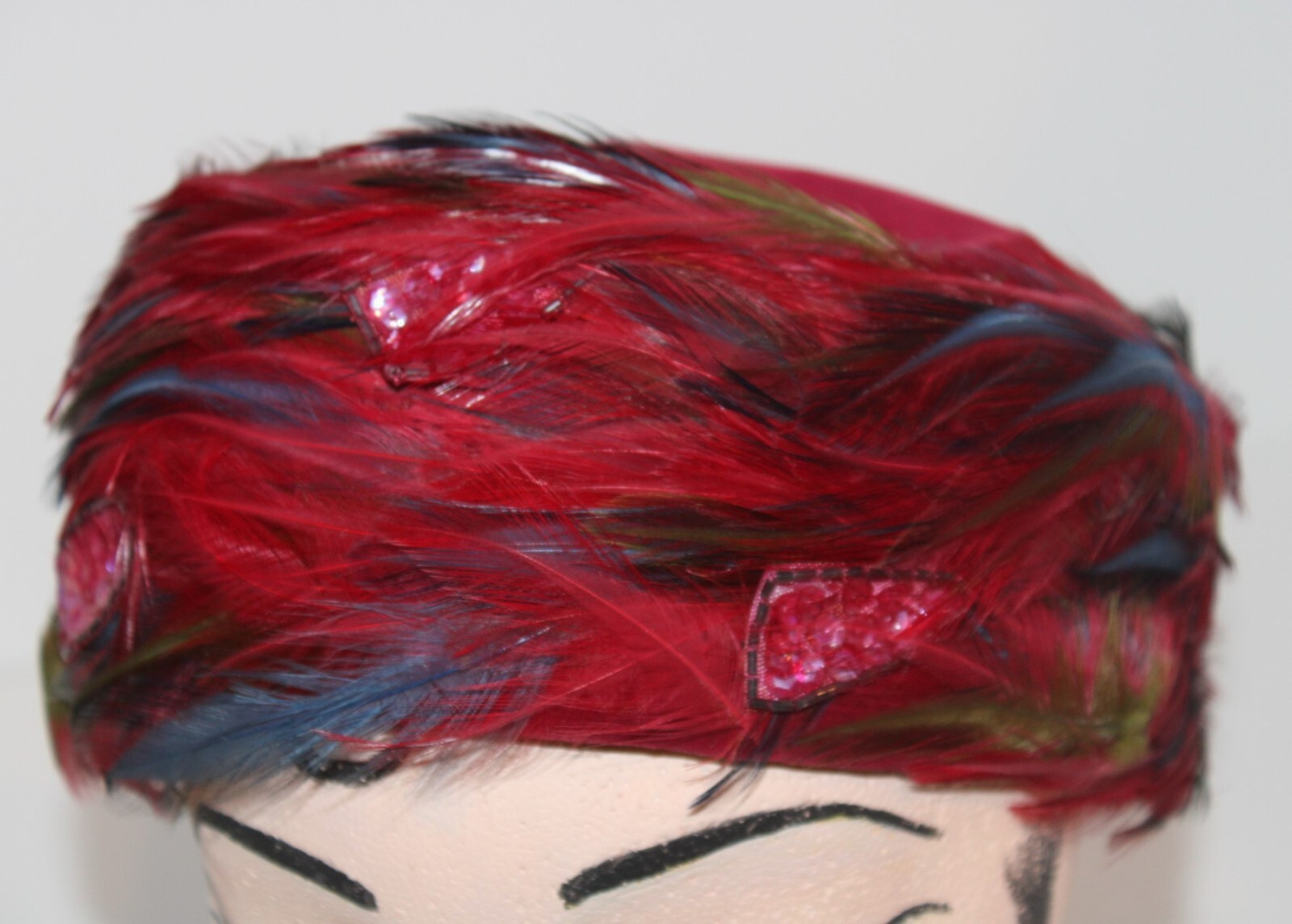 VTG Modern Miss Feather Pillbox Hat Velvet Multi-Color Cranberry Sequin Women's