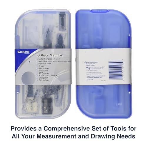 10-Piece Math Set for Students, Includes 2 Compasses, Protractor & Ruler,
