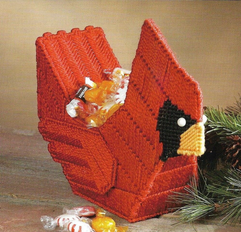 REGAL CARDINAL BIRD CONTAINER HOME DECOR PLASTIC CANVAS PATTERN INSTRUCTIONS