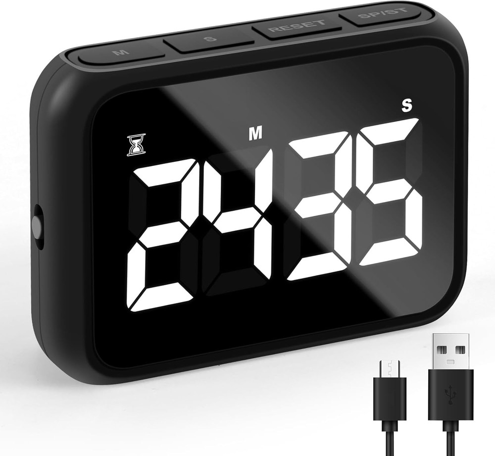USB Rechargeable Loud Digital Kitchen Timer with Large LCD Display & Black