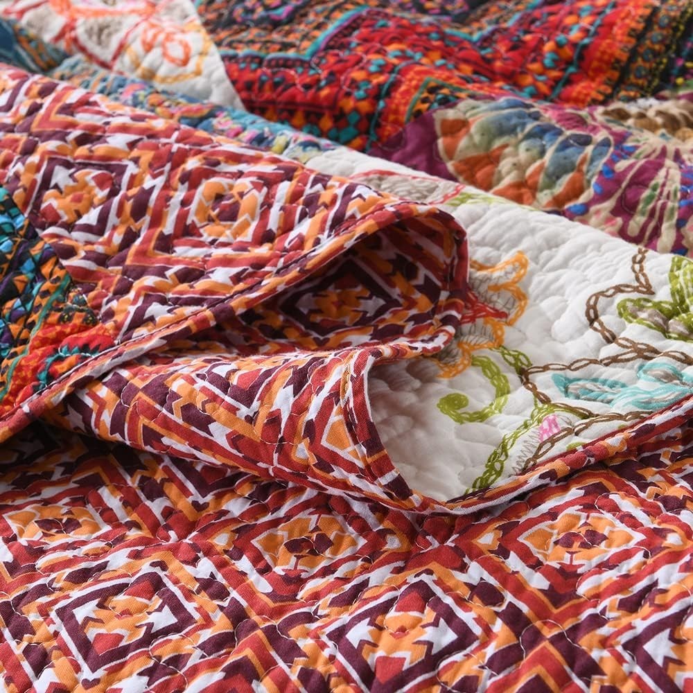 Cotton Patchwork Bedspread Quilt Sets, Reversible Bedding Coverlet Sets, Red ...