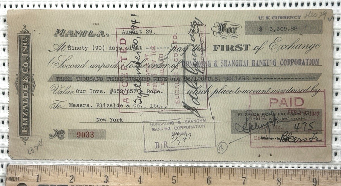 1941 Hongkong & Shanghai Banking Corp Check Philippine Islands Revenue Stamps