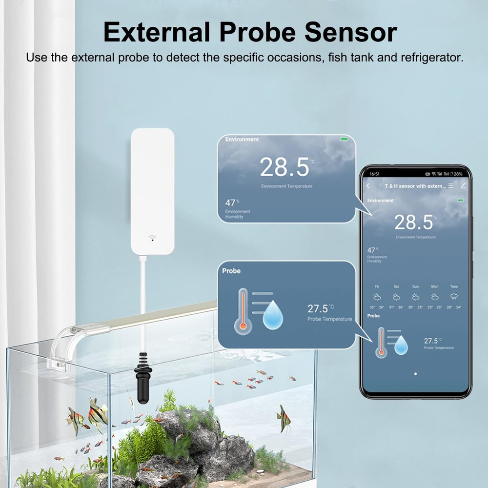 Smart Thermometer Hygrometer: WiFi Temperature Sensor with External Probe, We...