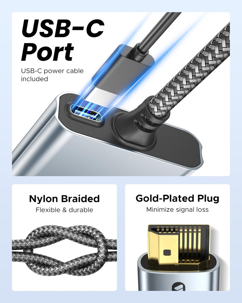 HDMI Splitter 1x2 for 4K Display Duplicate USB-C Powered with Braided Cable