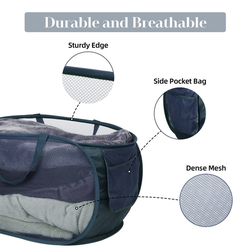 Durable Collapsible Laundry Baskets, Mesh Pop Up Laundry Hamper with Side Poc...