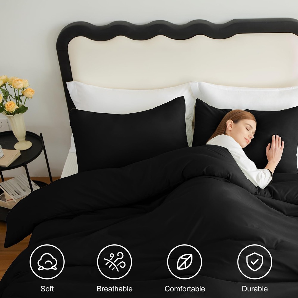 Queen Comforter Set Black, 3 Pieces Solid Comforters Queen Size Breathable Qu...