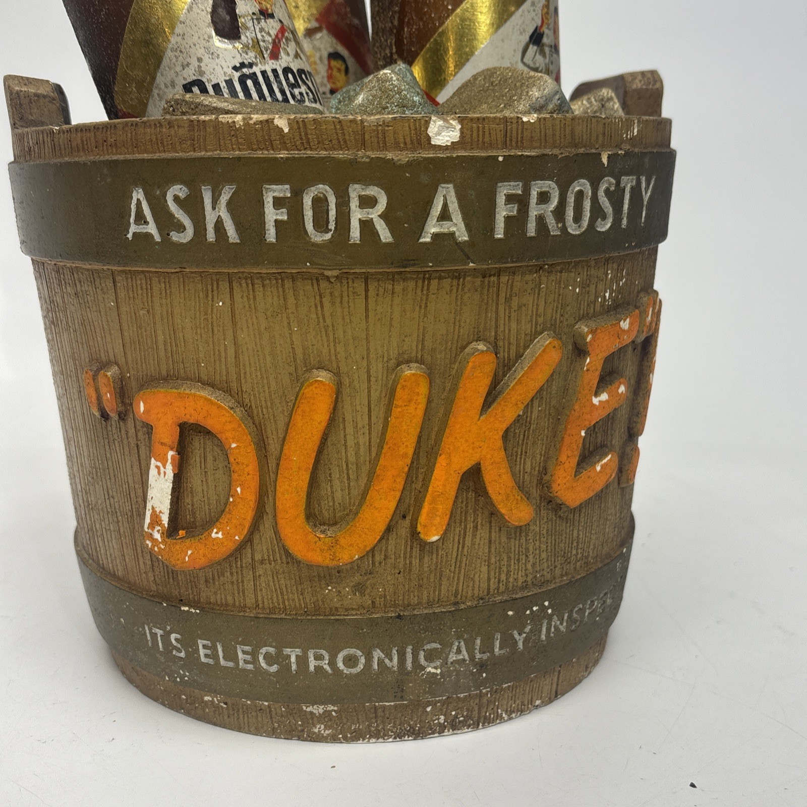 Rare Vintage ASK FOR A FROSTY Duke Duquesne Beer Bucket Sign Display 1958 USA