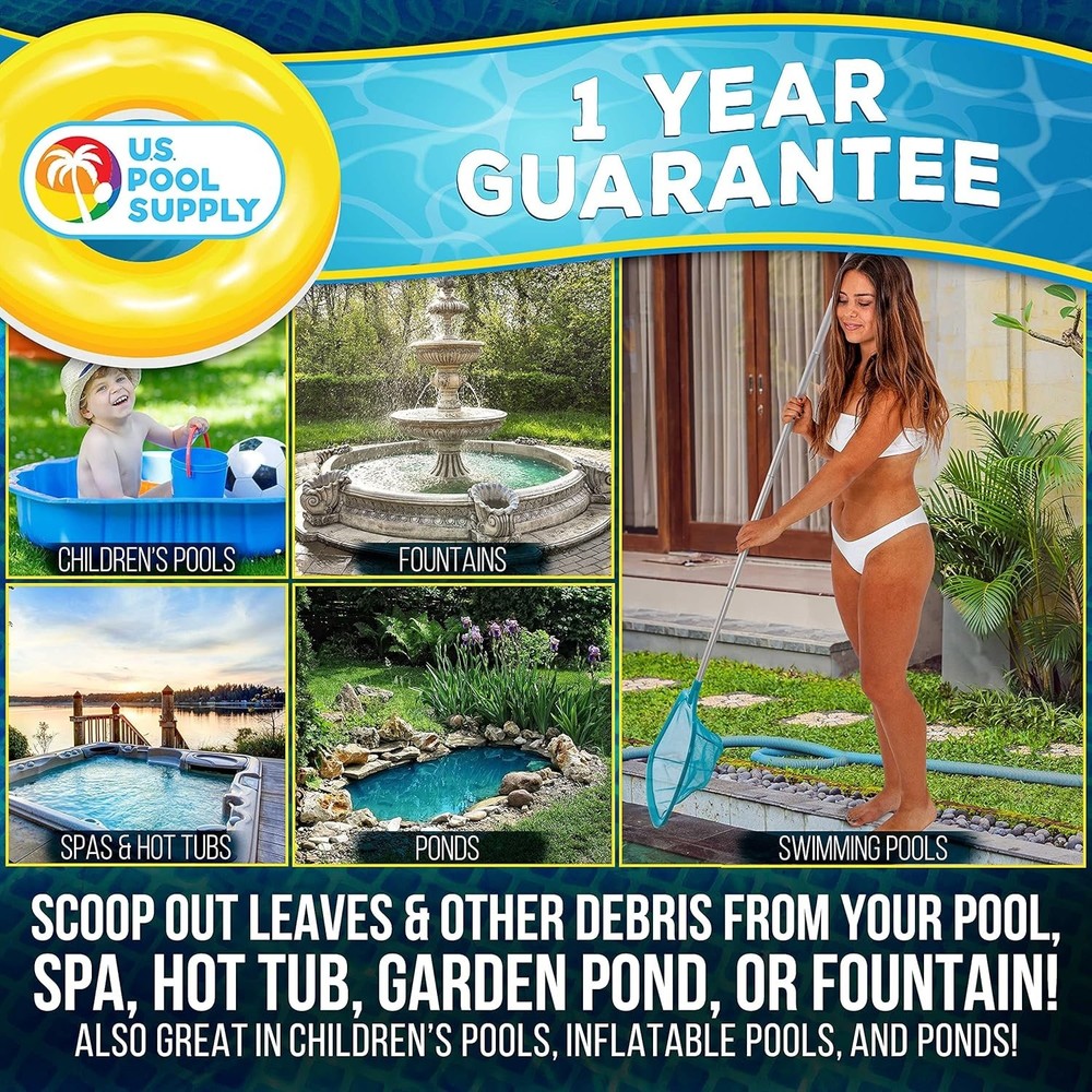 Efficient 5 Foot Leaf Skimmer Net for Pools - 6" Deep Mesh Bag & Aluminum Pole