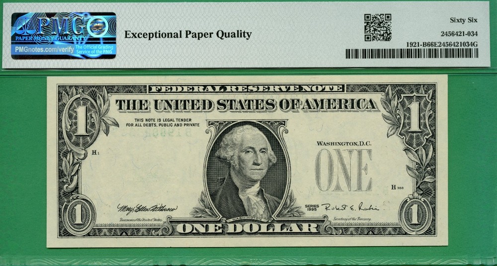 ERROR OVERPRINT ON BACK - 1995 $1 FRN - PMG GEM 66 EPQ - ERROR OVERPRINT ON BACK