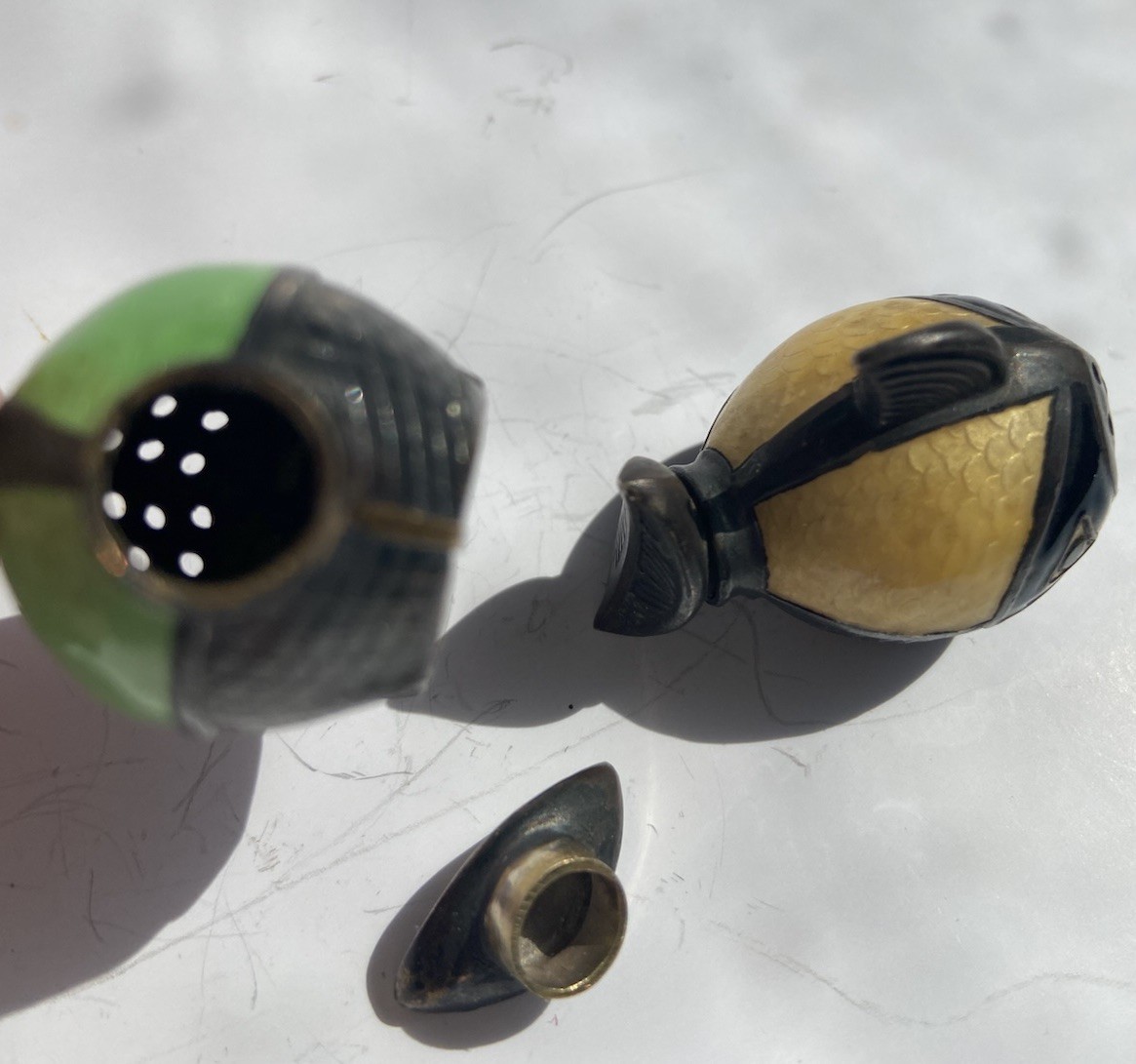 Sterling Silver Guilloche Enameled Norwegian Fish Salt And Pepper Antique 925.