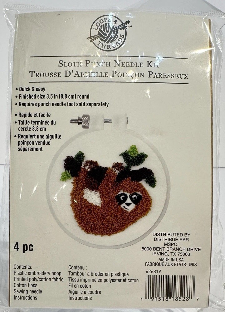 Loops & Threads Sloth Punch Needle Kit 3.5 Inches Round Quick And Easy