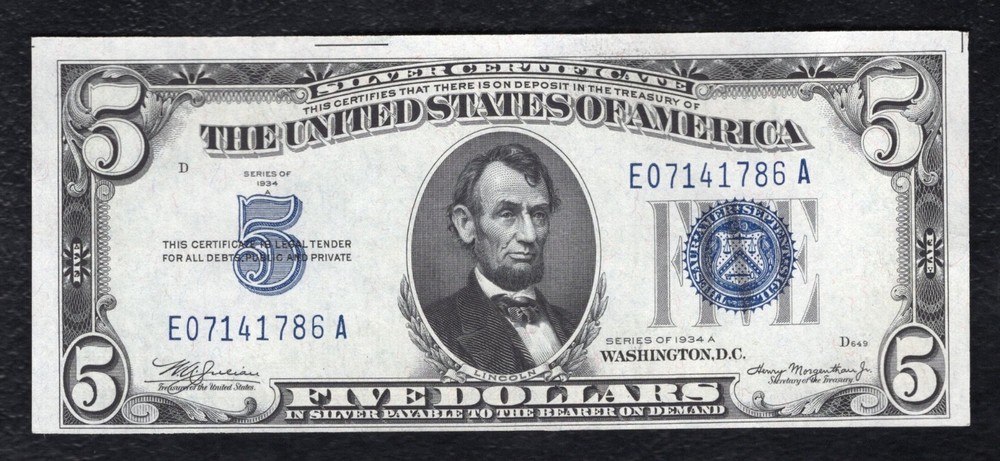 FR. 1651 1934-A $5 FIVE DOLLARS SILVER CERTIFICATE NOTE CHOICE UNCIRCULATED