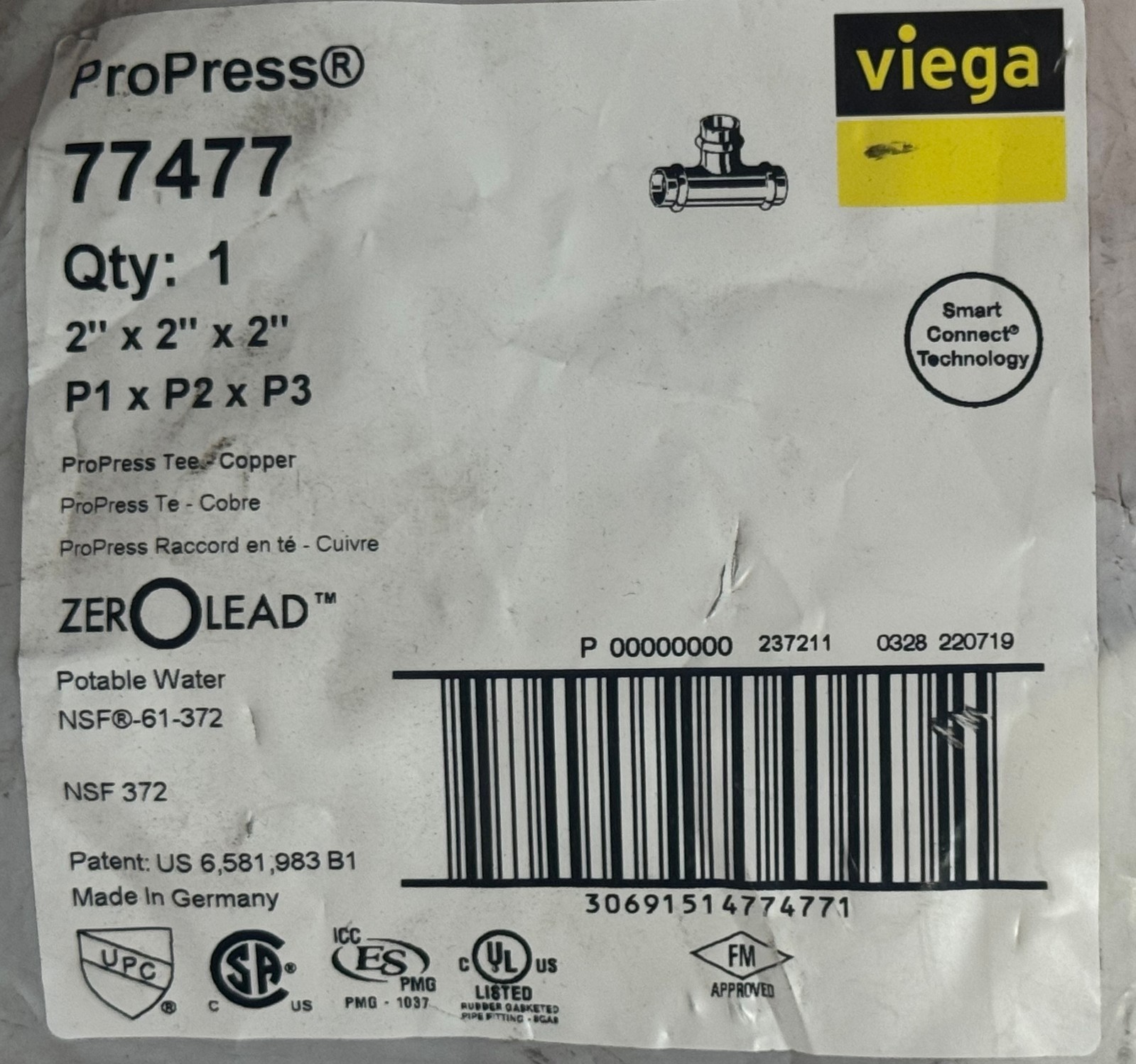 NEW Viega 77477 ProPress Copper 2" x 2" x 2" Tee P1 x P2 x P3 ~ Free Shipping