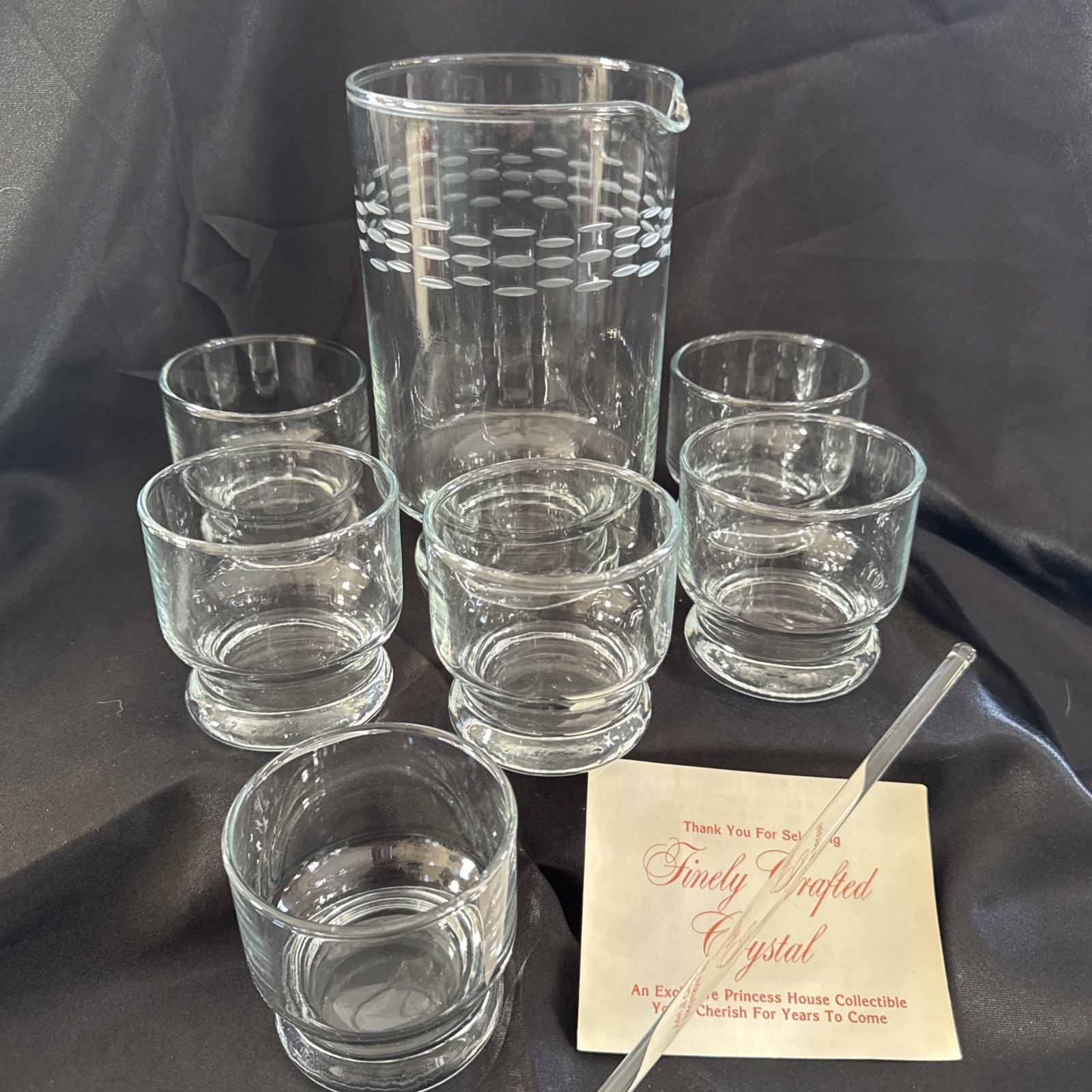 NIB Vintage Crystal Martini Set Pitcher 6 Glasses Swizzle Stick Princess House