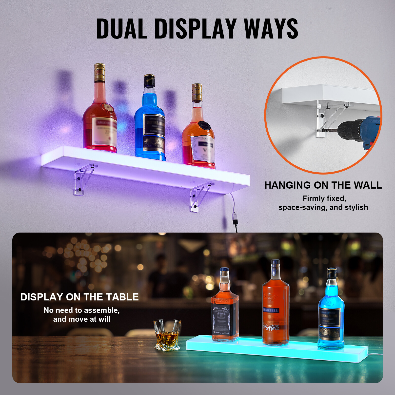VEVOR 24" 1-Step Wall Mounted LED Lighted Liquor Bottle Display Home Bar Shelf