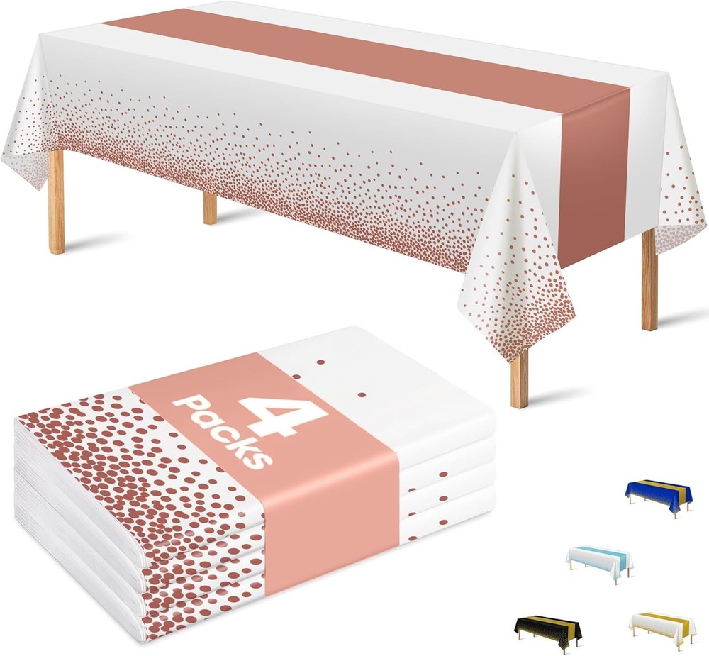 Pack Disposable Plastic Table Cloths,Rectangle Table 4 White and Rose Gold